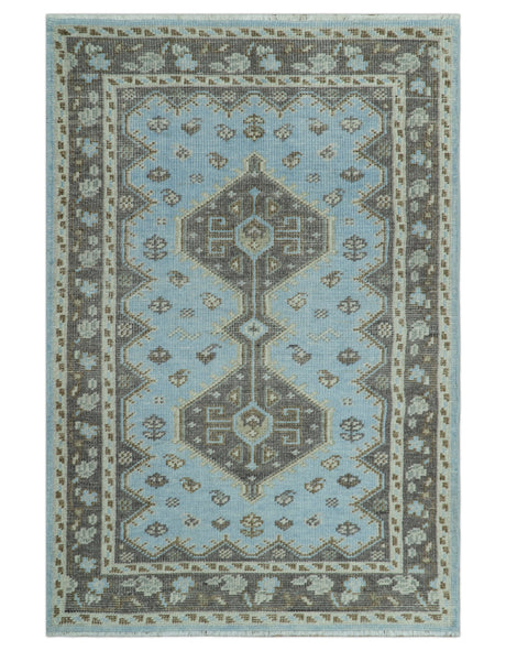 Custom Made Traditional Turkish design Blue And Brown Hand Knotted Wool Area Rug