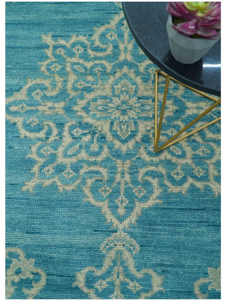 Custom Made Traditional Turkish Design Blue Hand Knotted Wool Area Rug