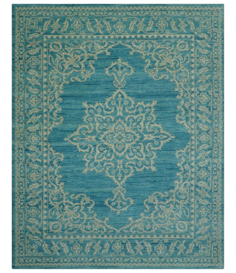 Custom Made Traditional Turkish Design Blue Hand Knotted Wool Area Rug