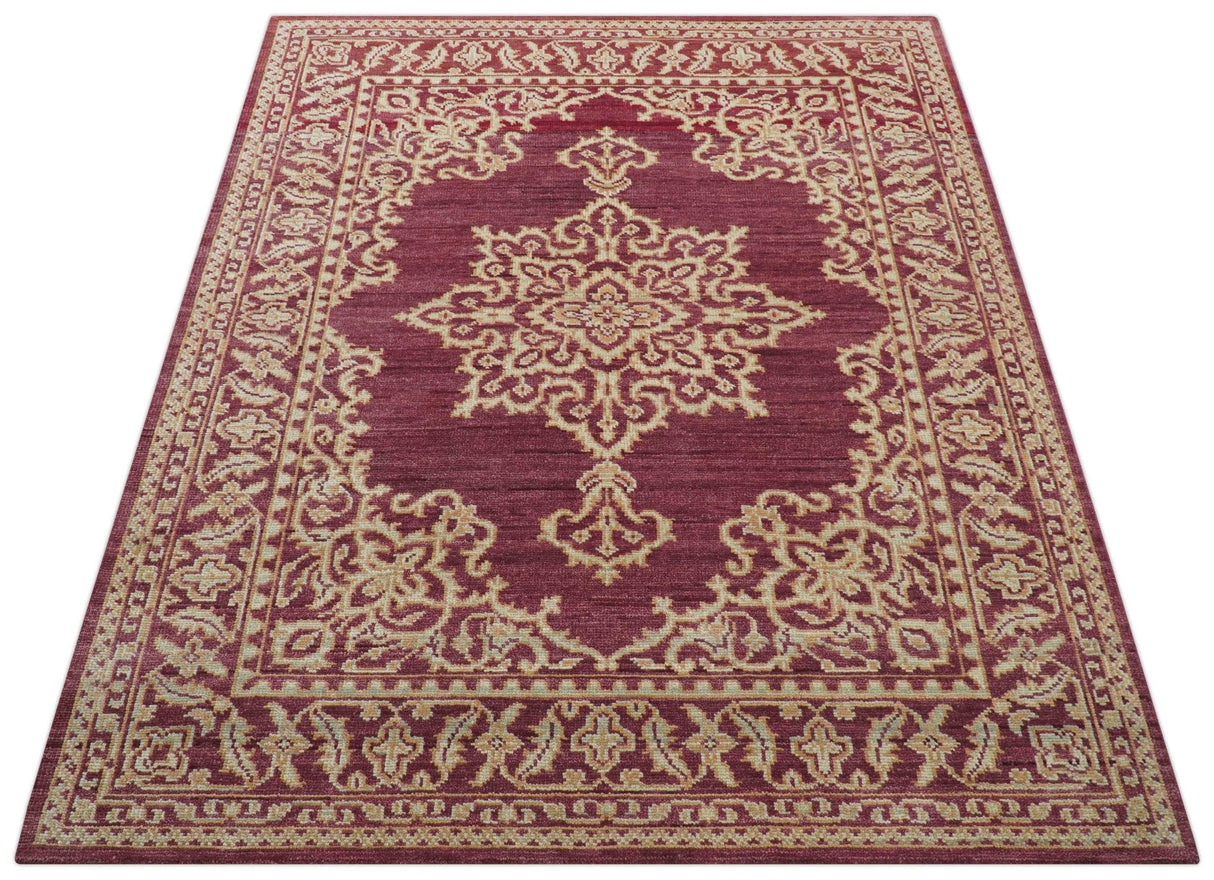 Custom Made Traditional Turkish Maroon And Beige Hand Knotted Wool Rug