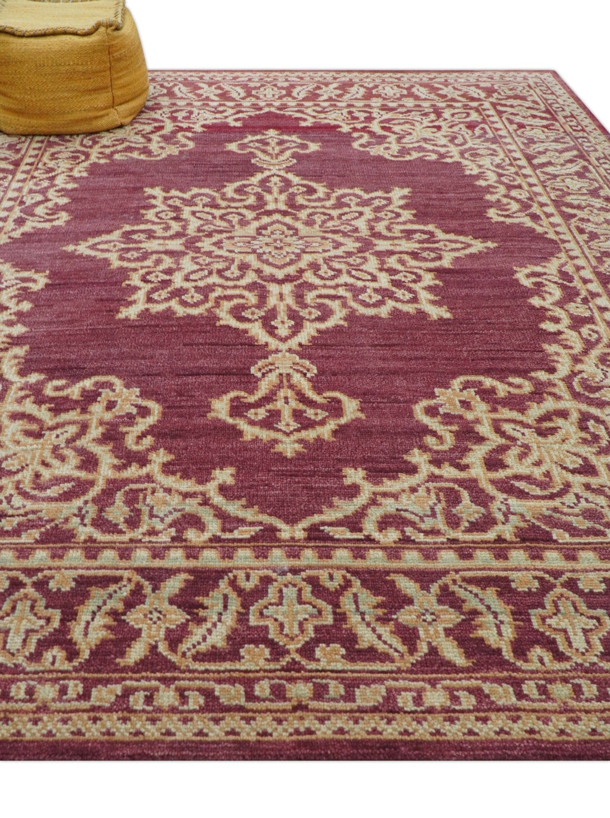Custom Made Traditional Turkish Maroon And Beige Hand Knotted Wool Rug