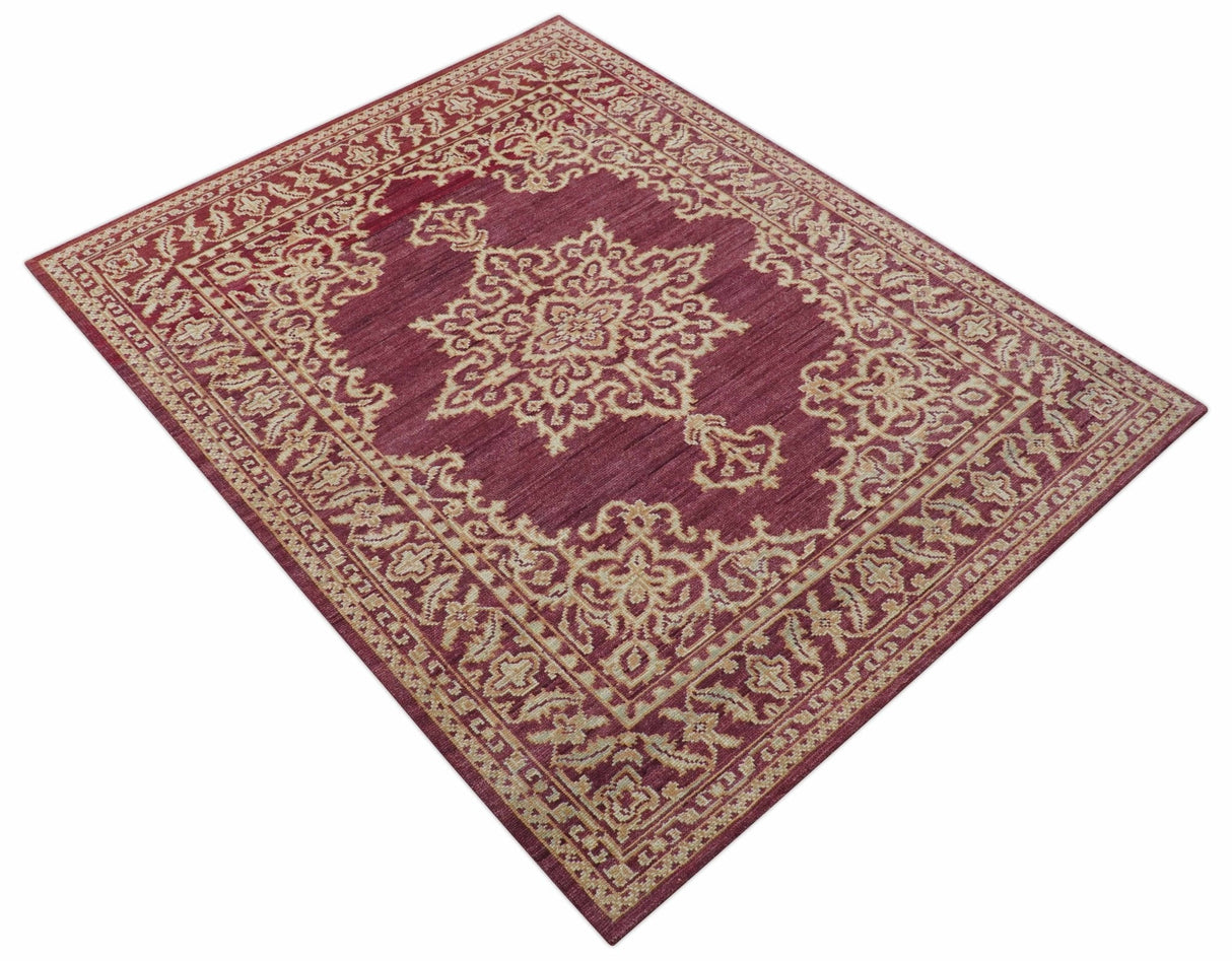 Custom Made Traditional Turkish Maroon And Beige Hand Knotted Wool Rug