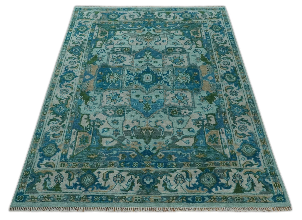 Custom Made Transitional Aqua and Ivory Hand Knotted Antique Style Traditional Wool Rug