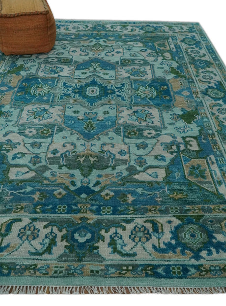 Custom Made Transitional Aqua and Ivory Hand Knotted Antique Style Traditional Wool Rug