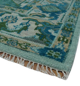 Custom Made Transitional Aqua and Ivory Hand Knotted Antique Style Traditional Wool Rug
