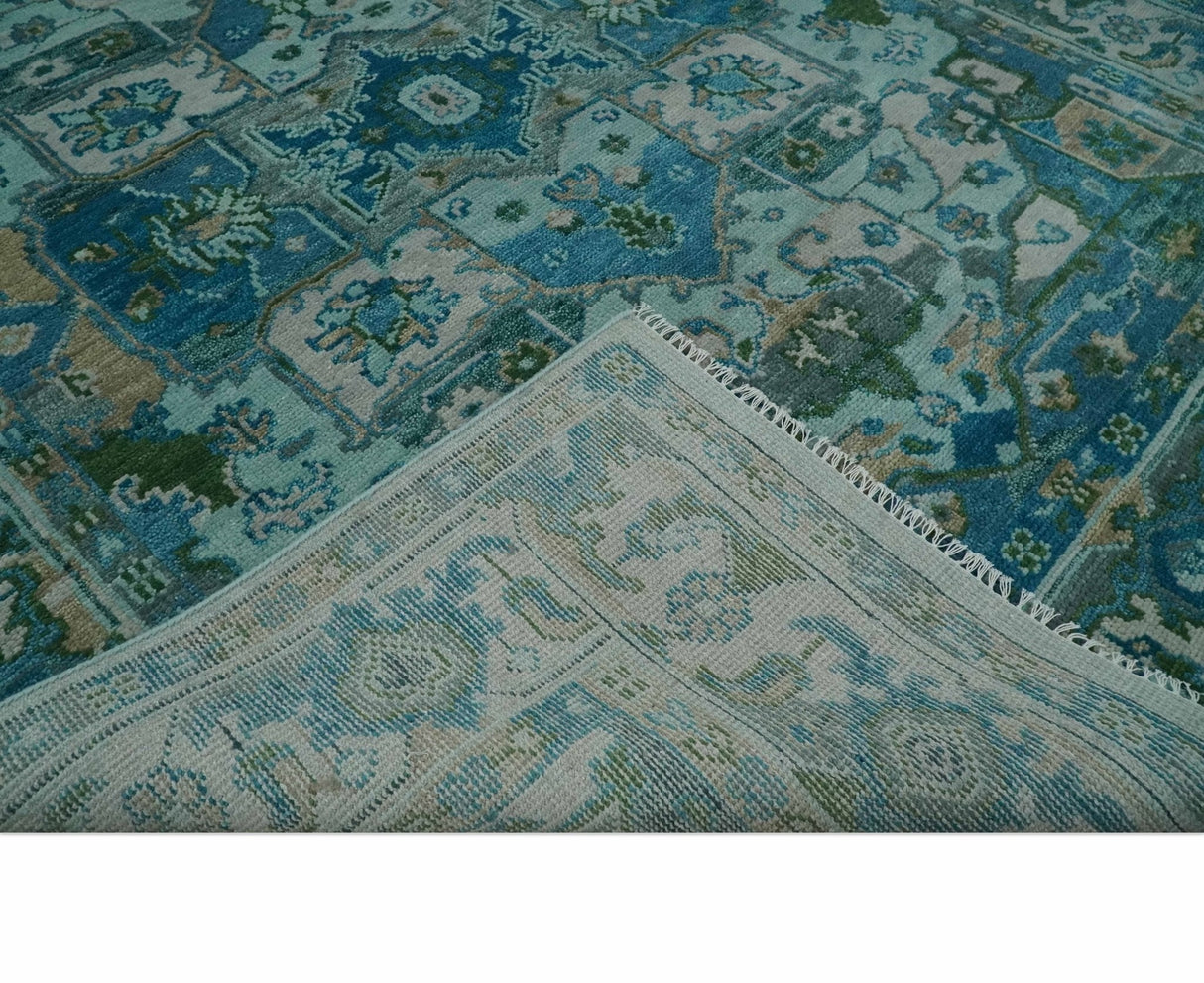 Custom Made Transitional Aqua and Ivory Hand Knotted Antique Style Traditional Wool Rug