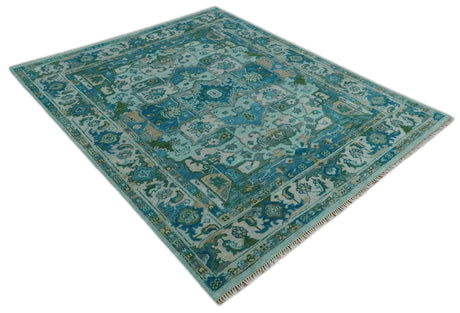 Custom Made Transitional Aqua and Ivory Hand Knotted Antique Style Traditional Wool Rug