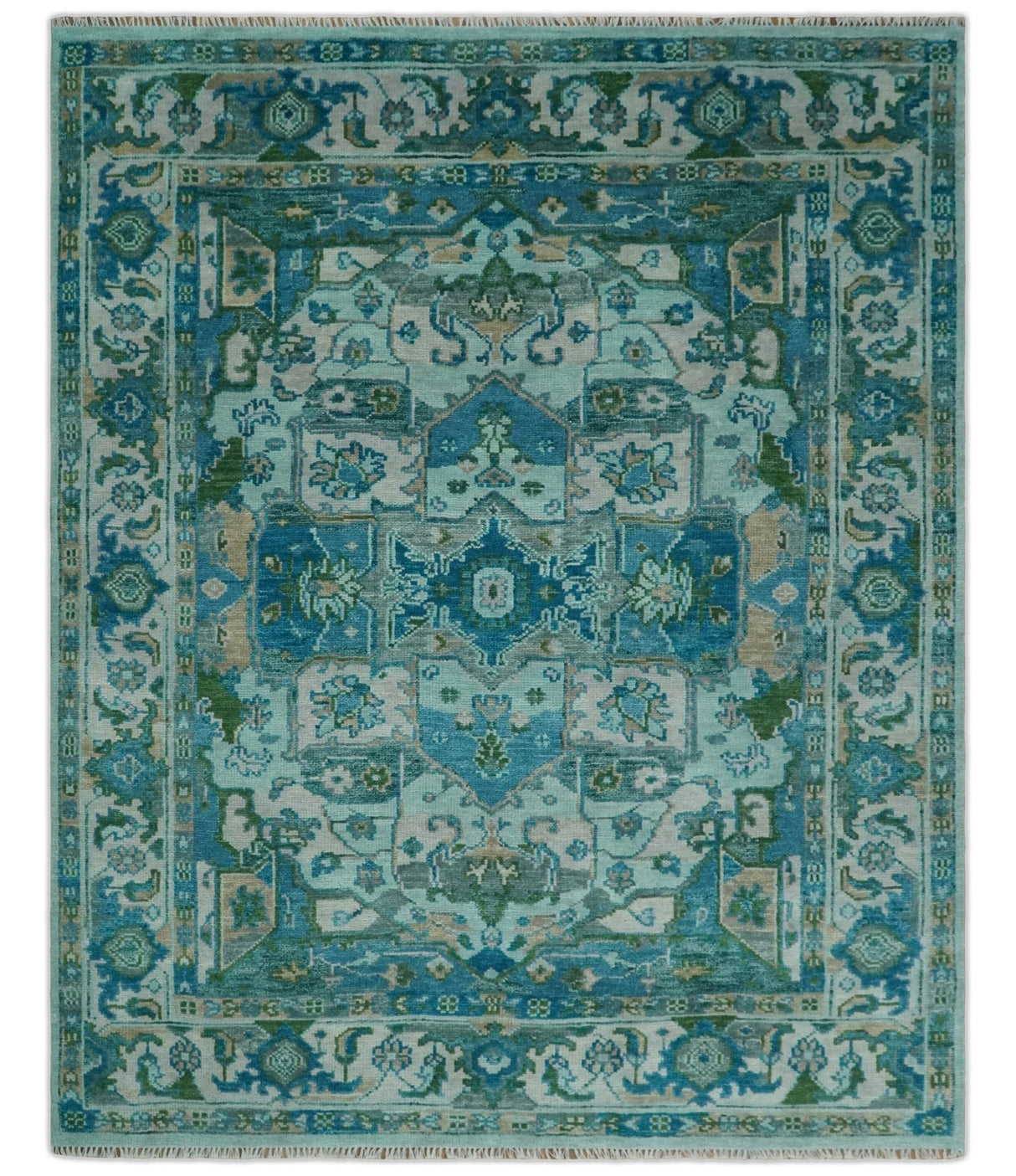Custom Made Transitional Aqua and Ivory Hand Knotted Antique Style Traditional Wool Rug