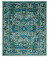 Custom Made Transitional Aqua and Ivory Hand Knotted Antique Style Traditional Wool Rug