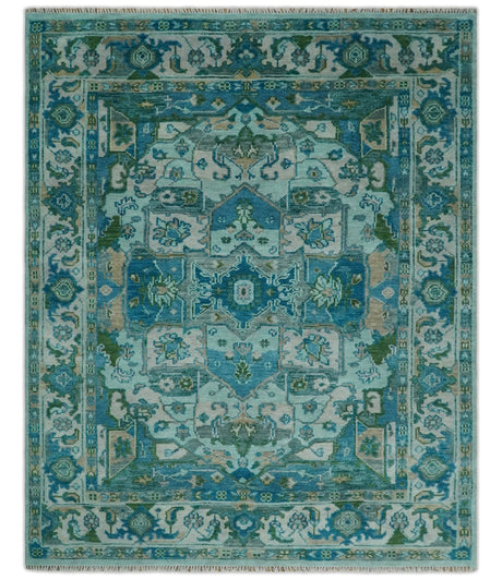 Custom Made Transitional Aqua and Ivory Hand Knotted Antique Style Traditional Wool Rug