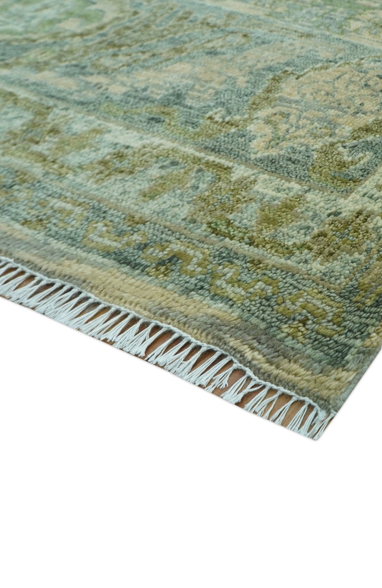Custom Made Transitional Beige, Green and Blue Hand Knotted wool area rug