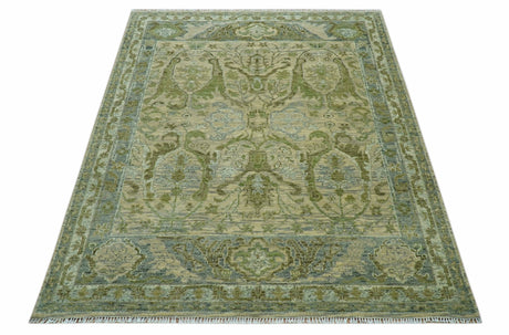 Custom Made Transitional Beige, Green and Blue Hand Knotted wool area rug
