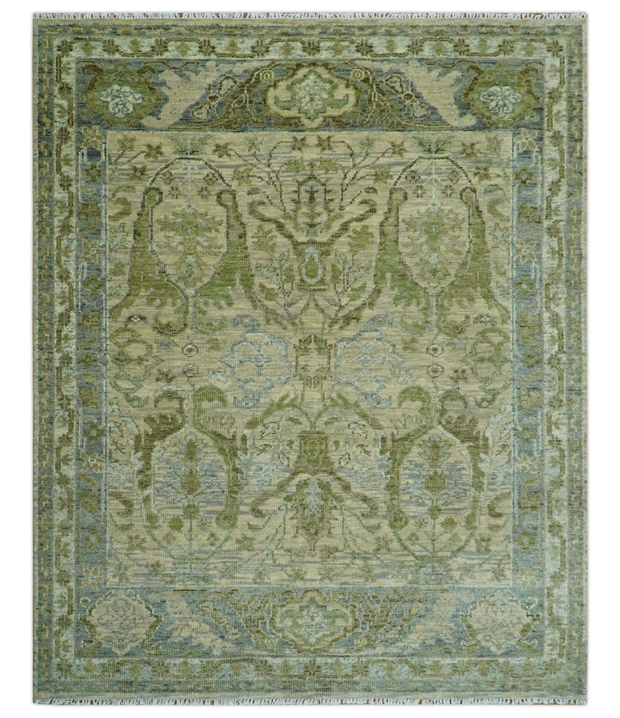 Custom Made Transitional Beige, Green and Blue Hand Knotted wool area rug