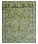 Custom Made Transitional Beige, Green and Blue Hand Knotted wool area rug