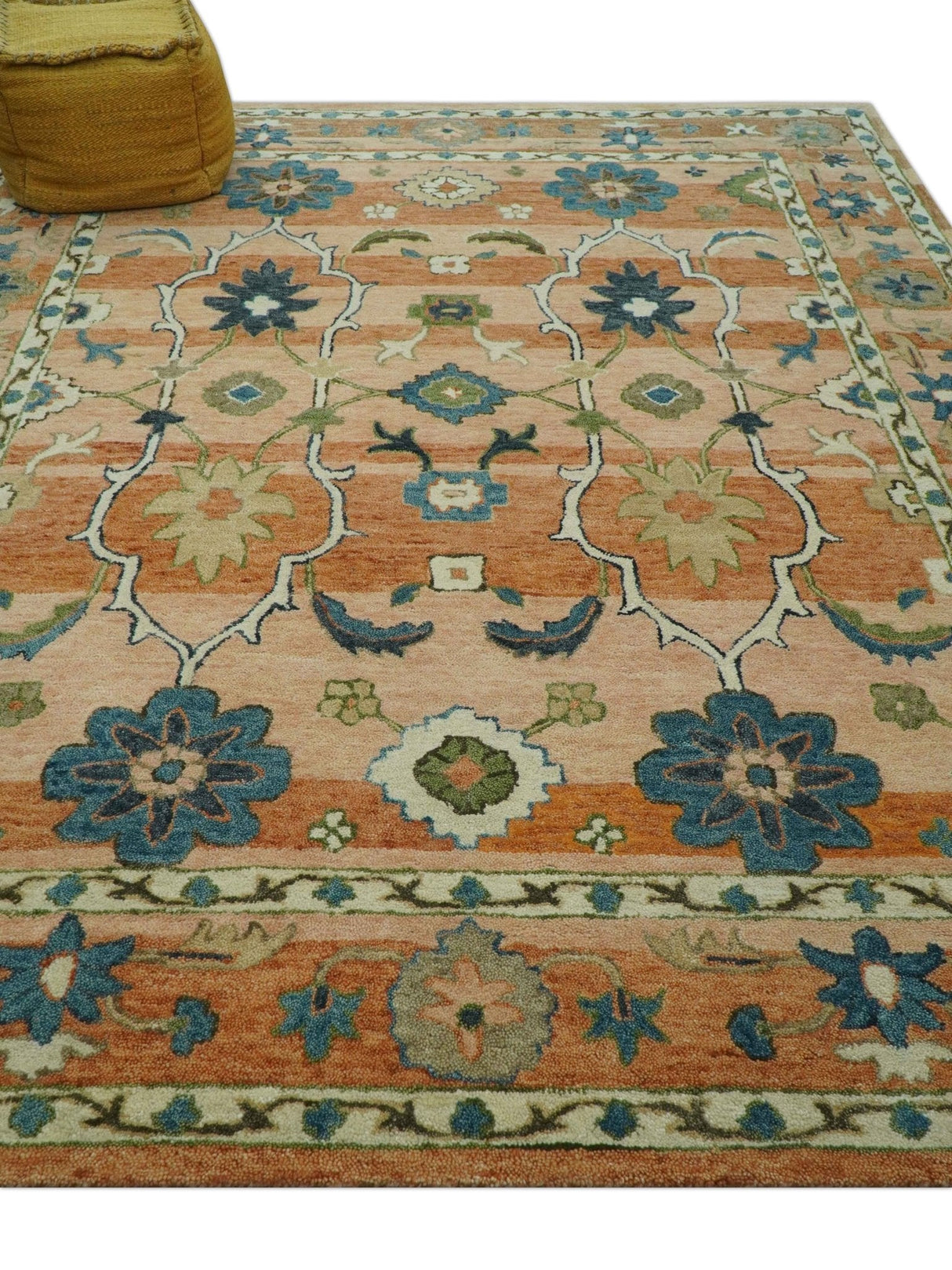 Custom Made Transitional Peach and Blue Hand Tufted Wool Area Rug