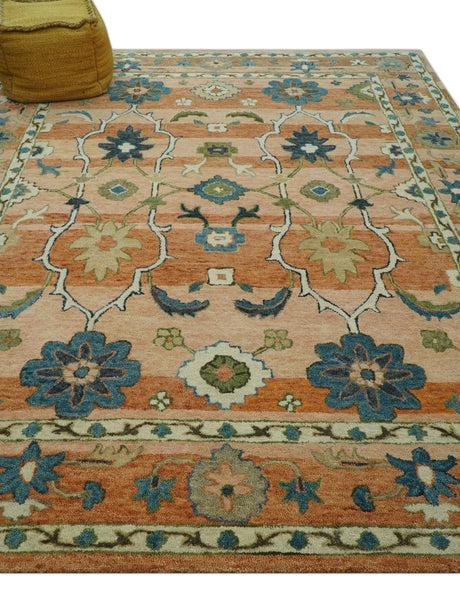 Custom Made Transitional Peach and Blue Hand Tufted Wool Area Rug