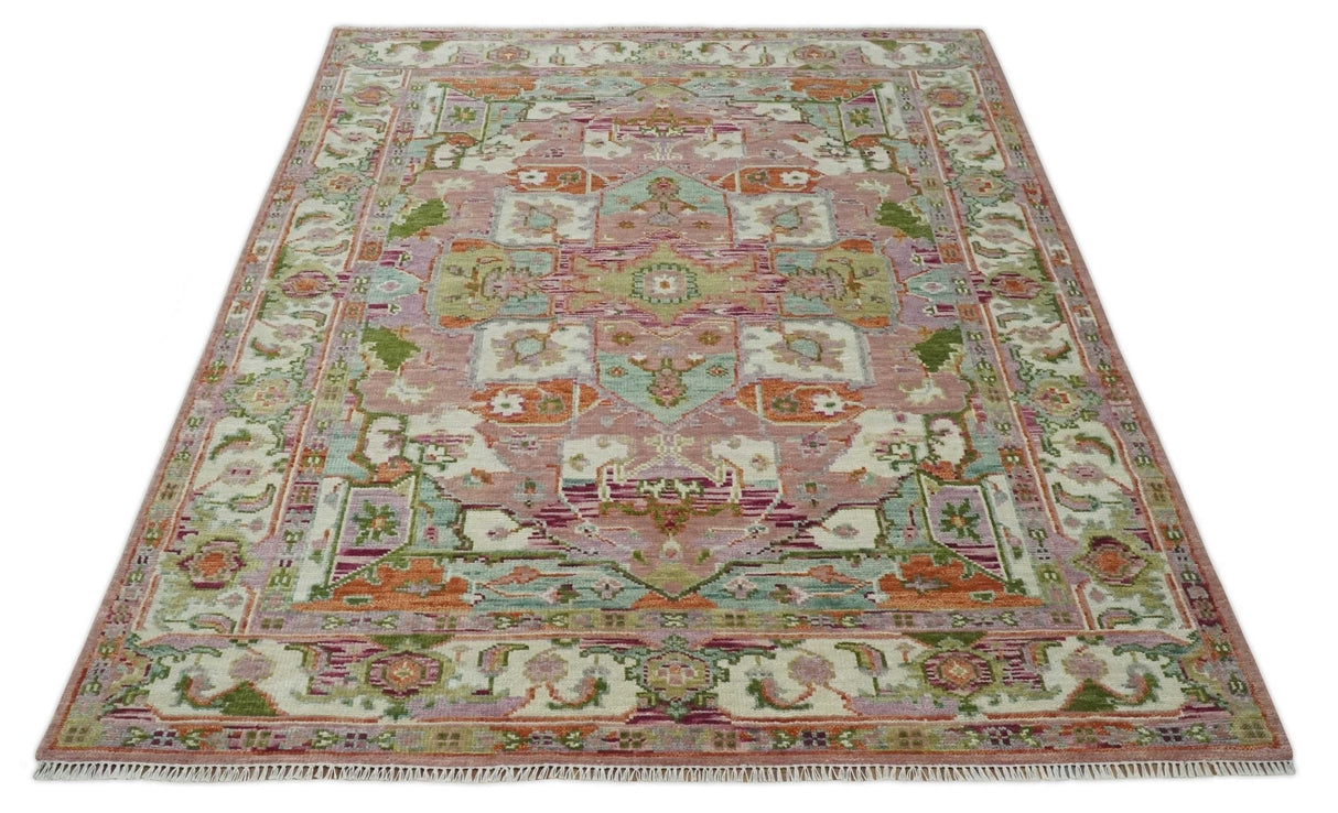 Custom Made Transitional Pink, Green and Ivory Turkish Design wool Area Rug