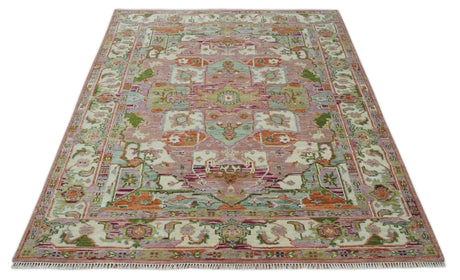 Custom Made Transitional Pink, Green and Ivory Turkish Design wool Area Rug