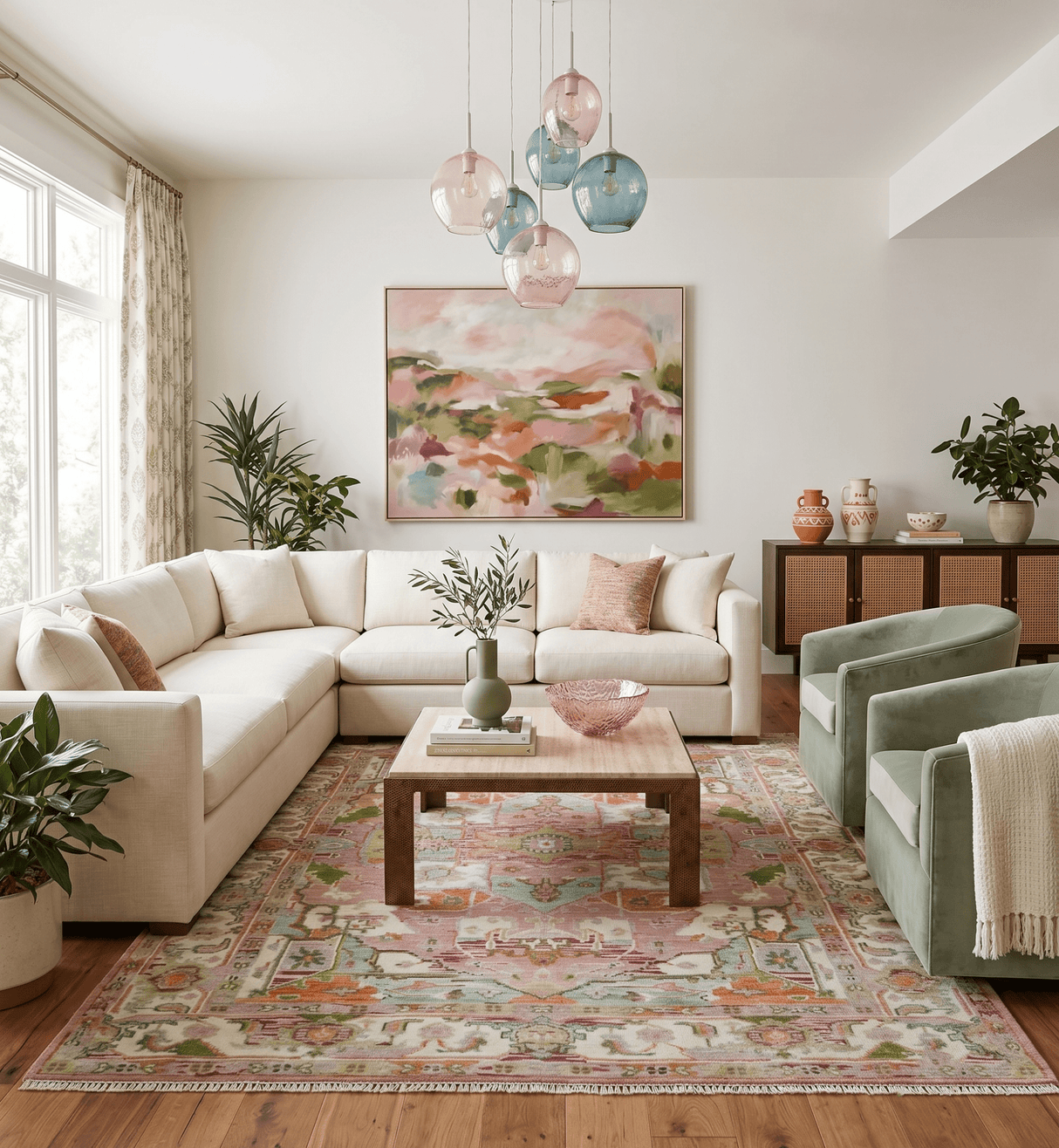 Custom Made Transitional Pink, Green and Ivory Turkish Design wool Area Rug