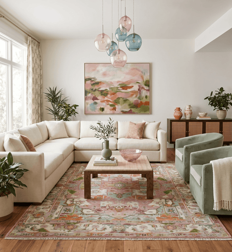 Custom Made Transitional Pink, Green and Ivory Turkish Design wool Area Rug