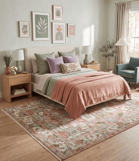 Custom Made Transitional Pink, Green and Ivory Turkish Design wool Area Rug