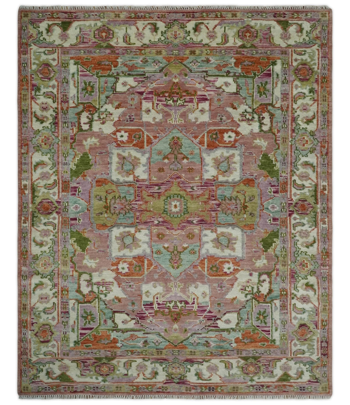Custom Made Transitional Pink, Green and Ivory Turkish Design wool Area Rug