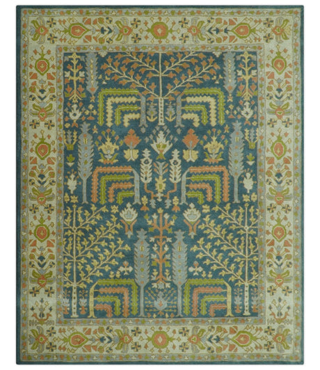 Custom Made Tree of Life Beige And Teal Floral Design Hand Tufted Wool Area Rug