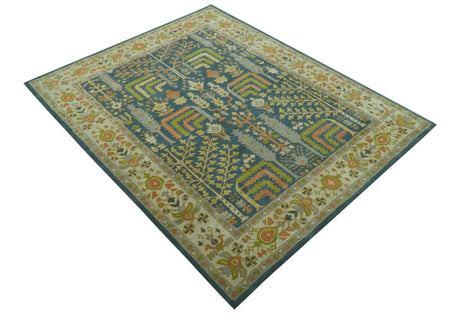 Custom Made Tree of Life Beige And Teal Floral Design Hand Tufted Wool Area Rug