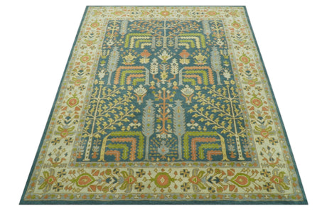 Custom Made Tree of Life Beige And Teal Floral Design Hand Tufted Wool Area Rug