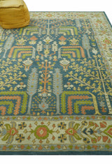 Custom Made Tree of Life Beige And Teal Floral Design Hand Tufted Wool Area Rug