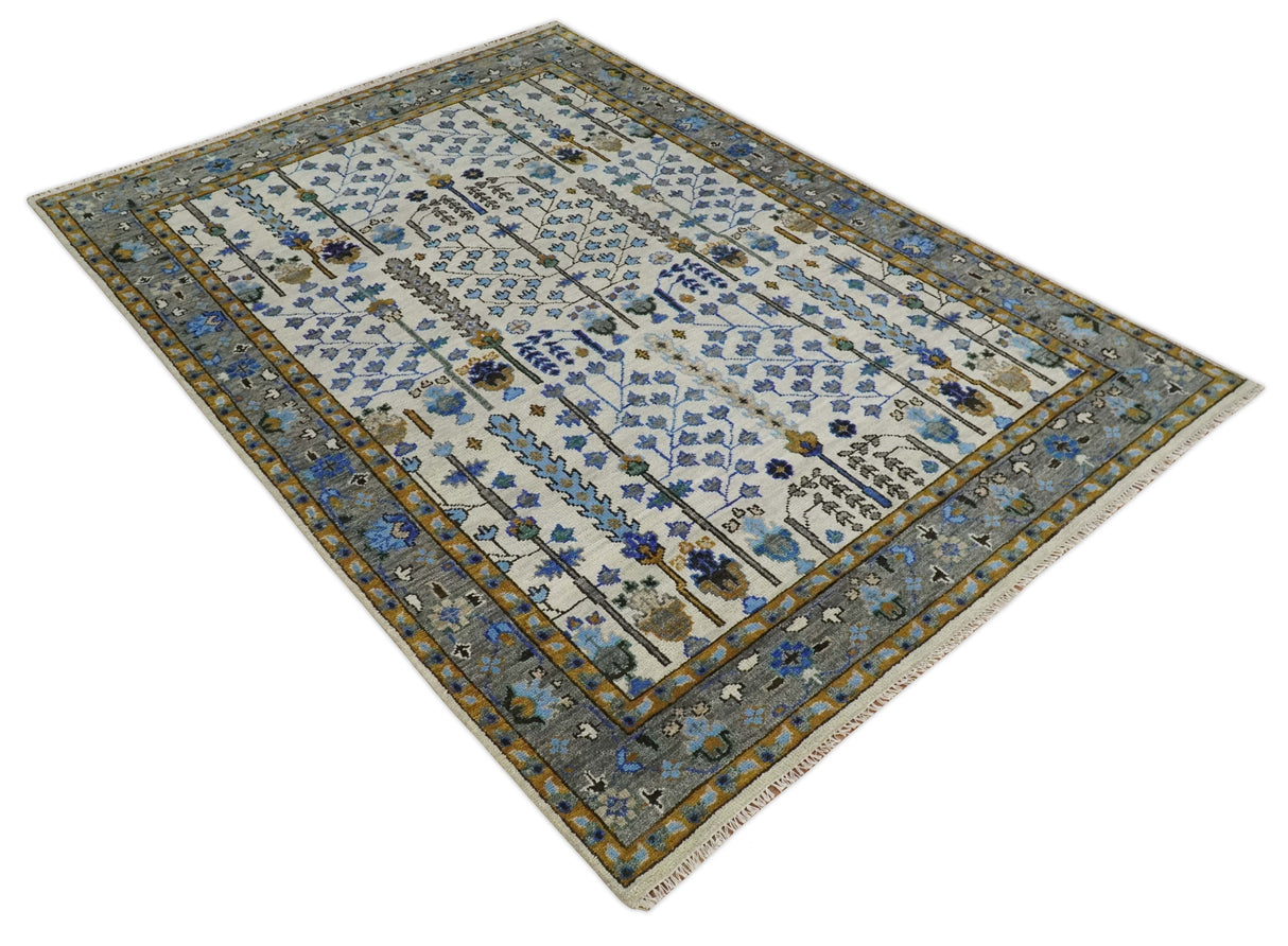 Custom Made Tree of life Hand Knotted Antique Ivory, Blue and Gray Wool area Rug
