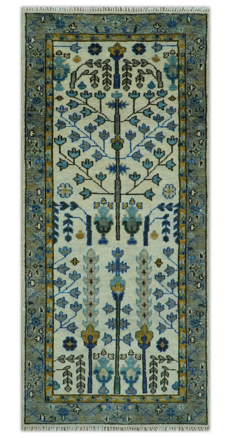 Custom Made Tree of life Hand Knotted Antique Ivory, Blue and Gray Wool area Rug
