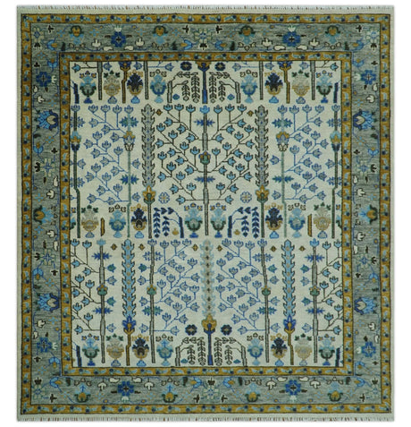 Custom Made Tree of life Hand Knotted Antique Ivory, Blue and Gray Wool area Rug