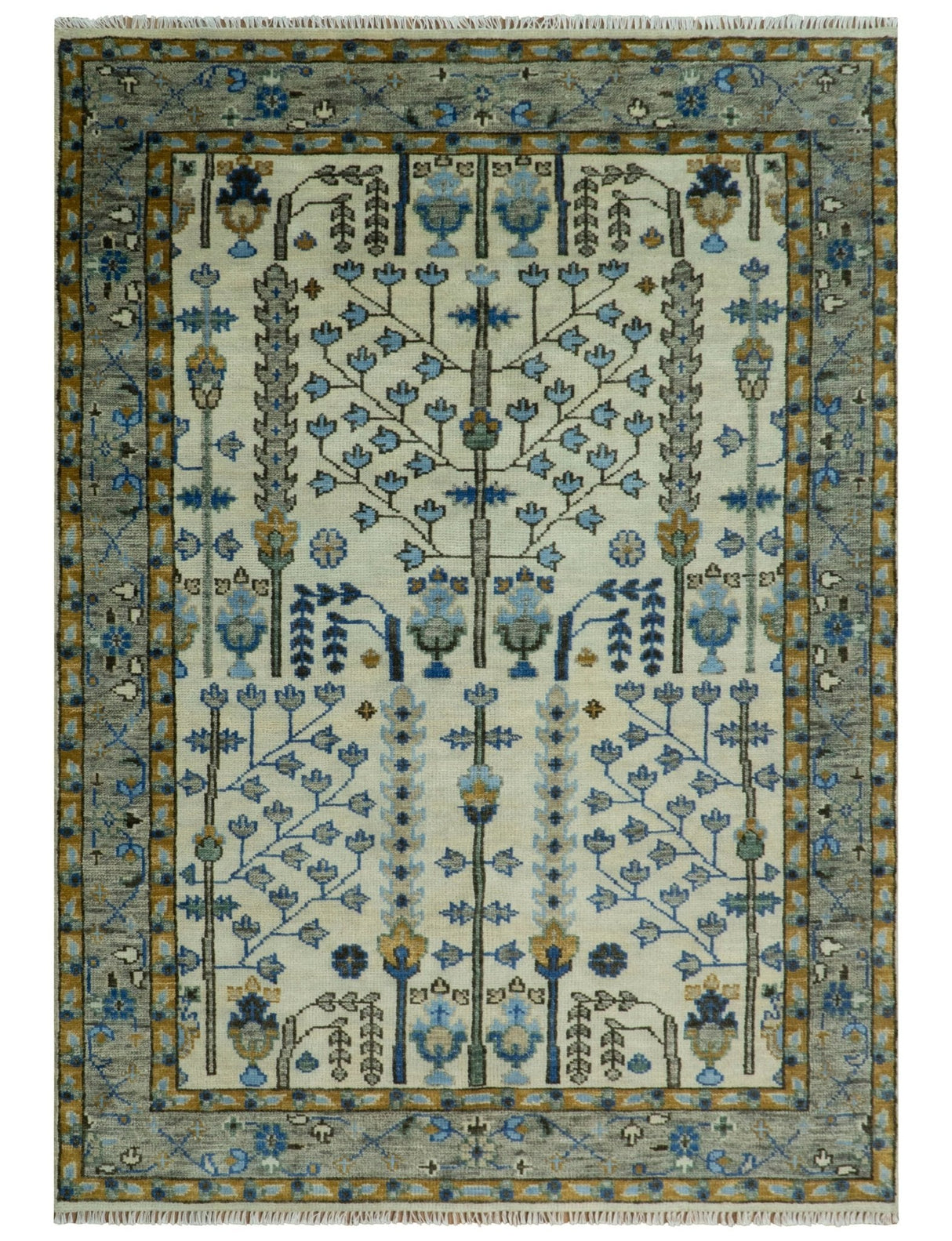 Custom Made Tree of life Hand Knotted Antique Ivory, Blue and Gray Wool area Rug