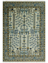 Custom Made Tree of life Hand Knotted Antique Ivory, Blue and Gray Wool area Rug