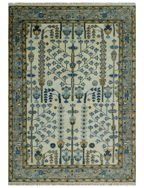 Custom Made Tree of life Hand Knotted Antique Ivory, Blue and Gray Wool area Rug