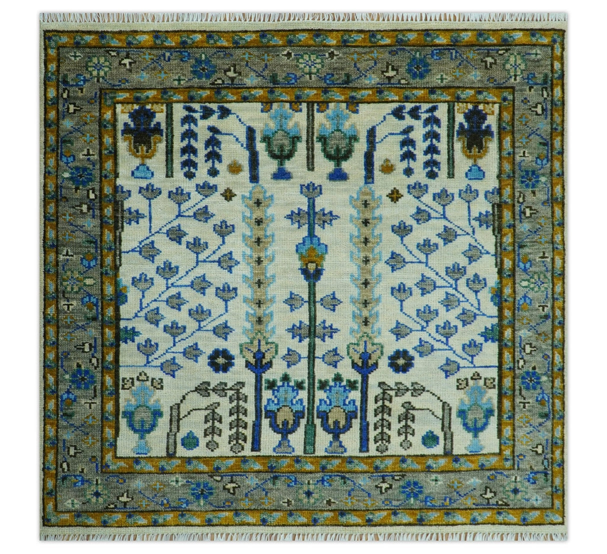 Custom Made Tree of life Hand Knotted Antique Ivory, Blue and Gray Wool area Rug