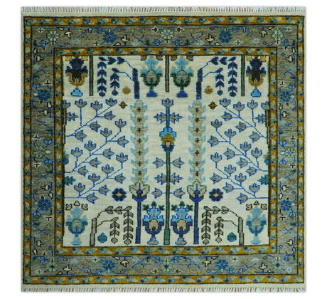 Custom Made Tree of life Hand Knotted Antique Ivory, Blue and Gray Wool area Rug