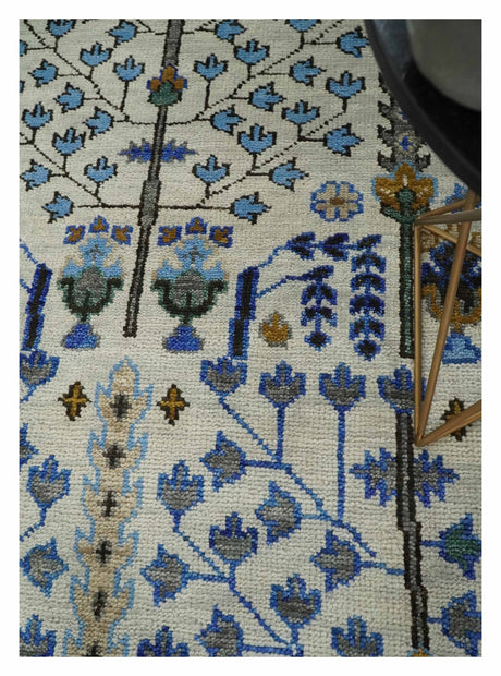 Custom Made Tree of life Hand Knotted Antique Ivory, Blue and Gray Wool area Rug