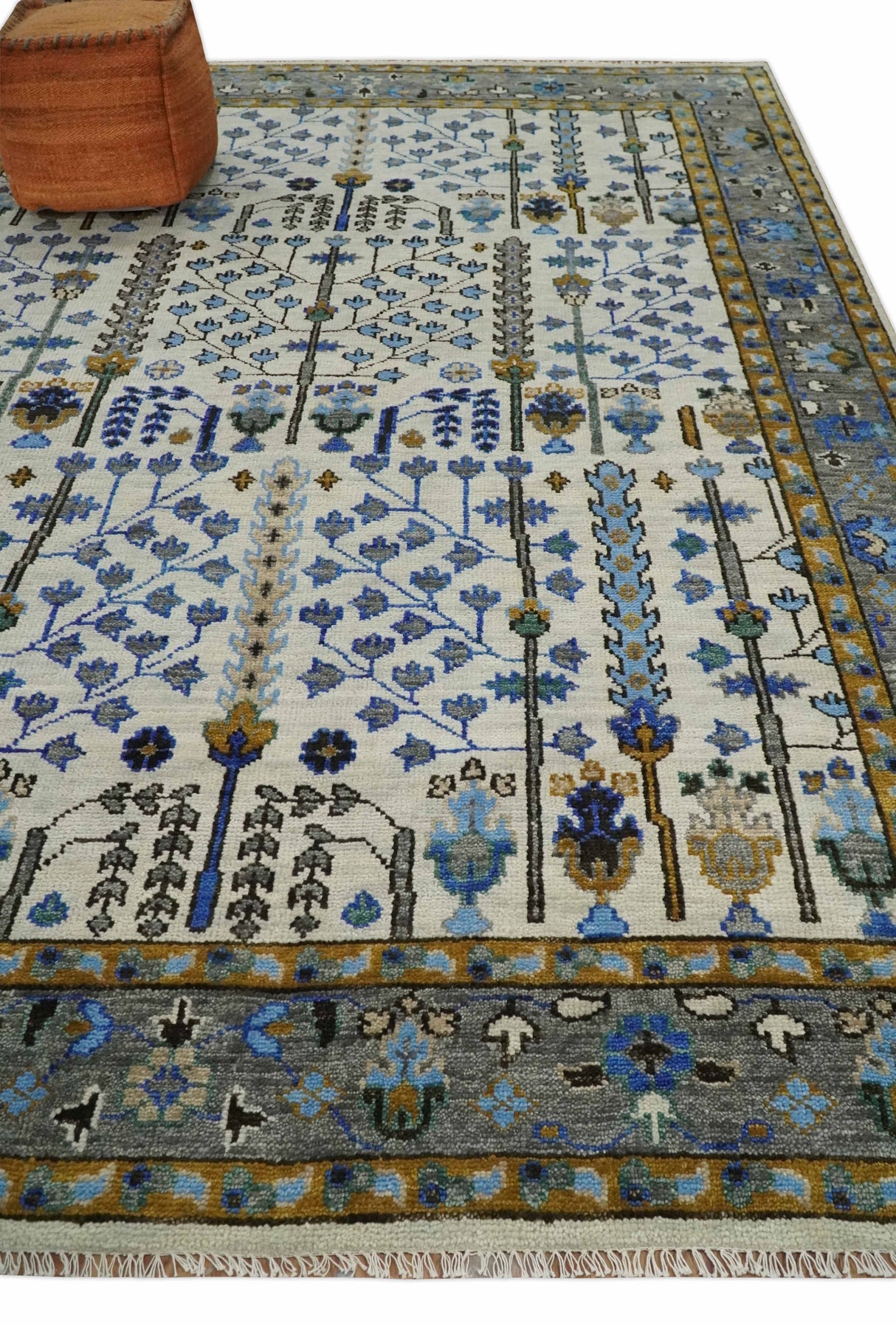 Custom Made Tree of life Hand Knotted Antique Ivory, Blue and Gray Wool area Rug