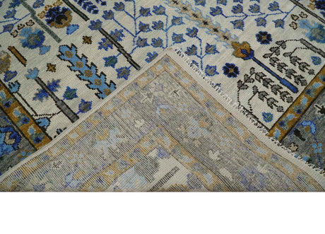 Custom Made Tree of life Hand Knotted Antique Ivory, Blue and Gray Wool area Rug