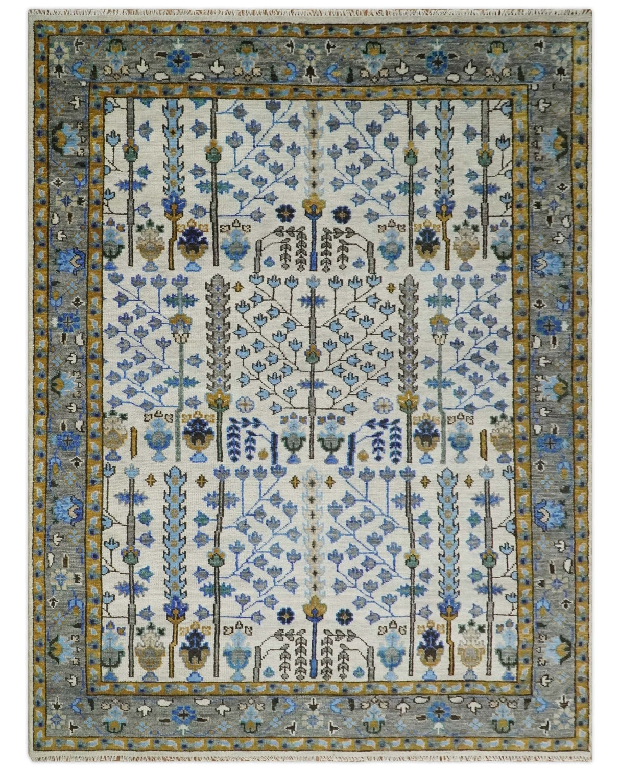 Custom Made Tree of life Hand Knotted Antique Ivory, Blue and Gray Wool area Rug