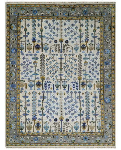 Custom Made Tree of life Hand Knotted Antique Ivory, Blue and Gray Wool area Rug