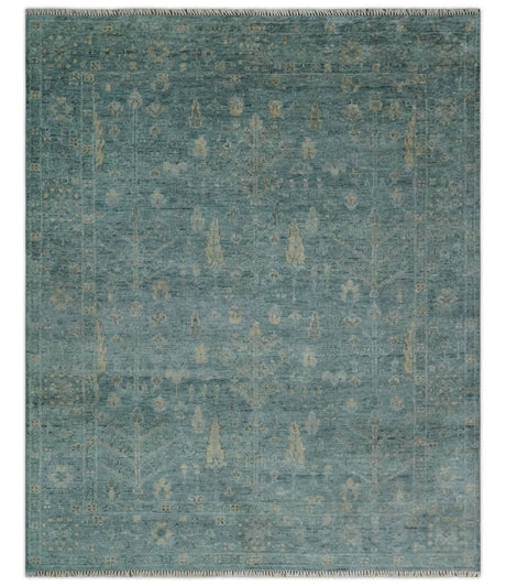 Custom Made Tree of Life Hand Knotted Teal and Beige Traditional Oushak Wool Area Rug