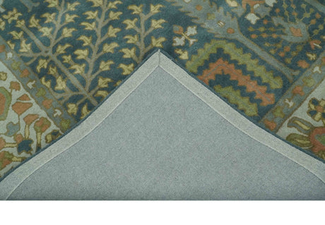 Custom Made Tree of life Traditional Teal, Silver, Green and Dark Peach wool Rug