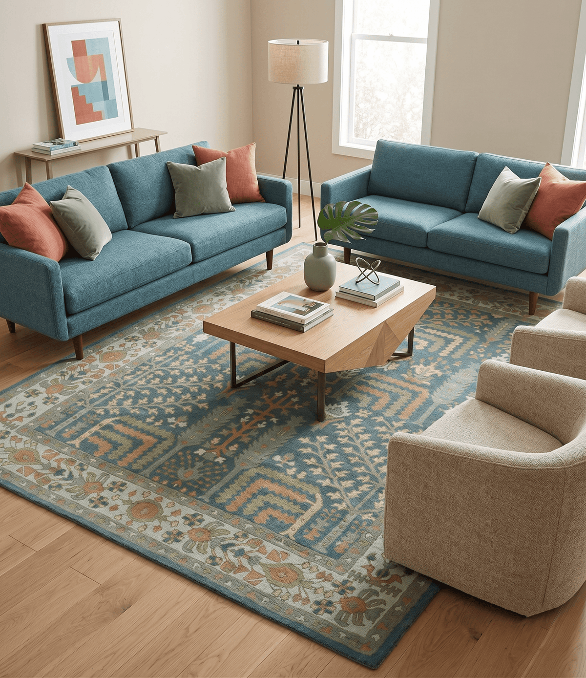 Custom Made Tree of life Traditional Teal, Silver, Green and Dark Peach wool Rug