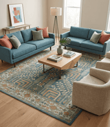 Custom Made Tree of life Traditional Teal, Silver, Green and Dark Peach wool Rug