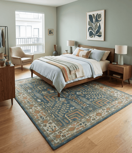 Custom Made Tree of life Traditional Teal, Silver, Green and Dark Peach wool Rug