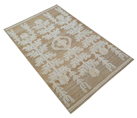 Custom Made Tribal Brown And Ivory Hand Knotted Wool and Jute Rug
