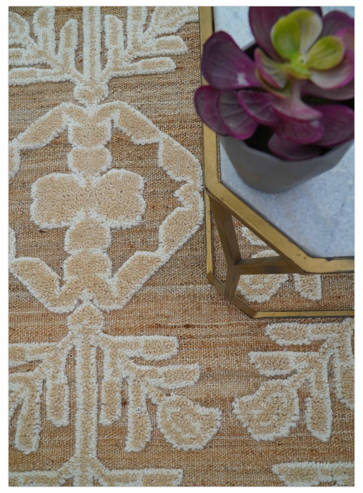 Custom Made Tribal Brown And Ivory Hand Knotted Wool and Jute Rug